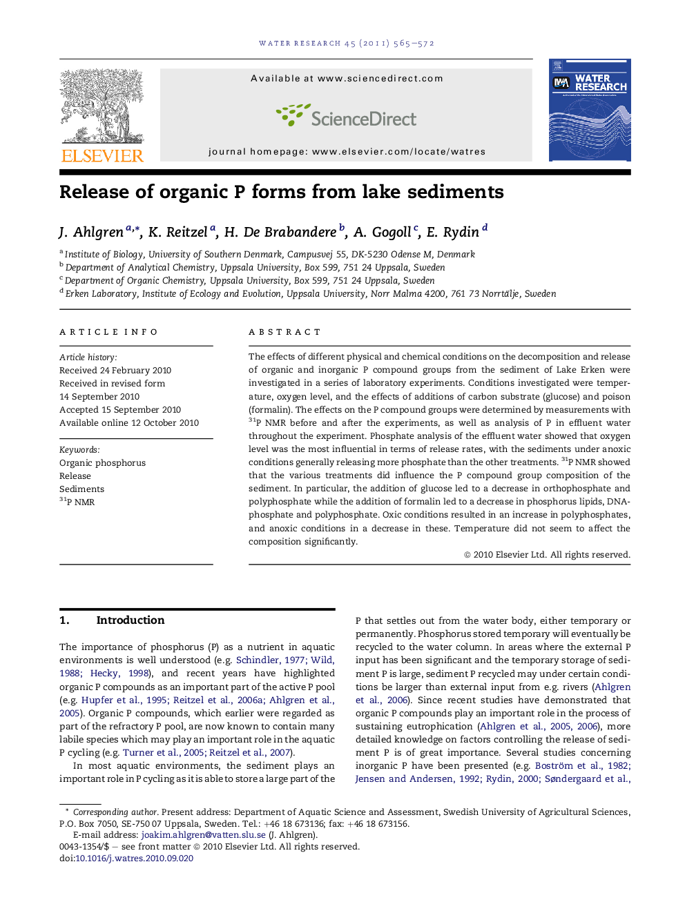 عکس صفحه اول مقاله: Release of organic P forms from lake sediments Release of organic P forms from lake sediments
