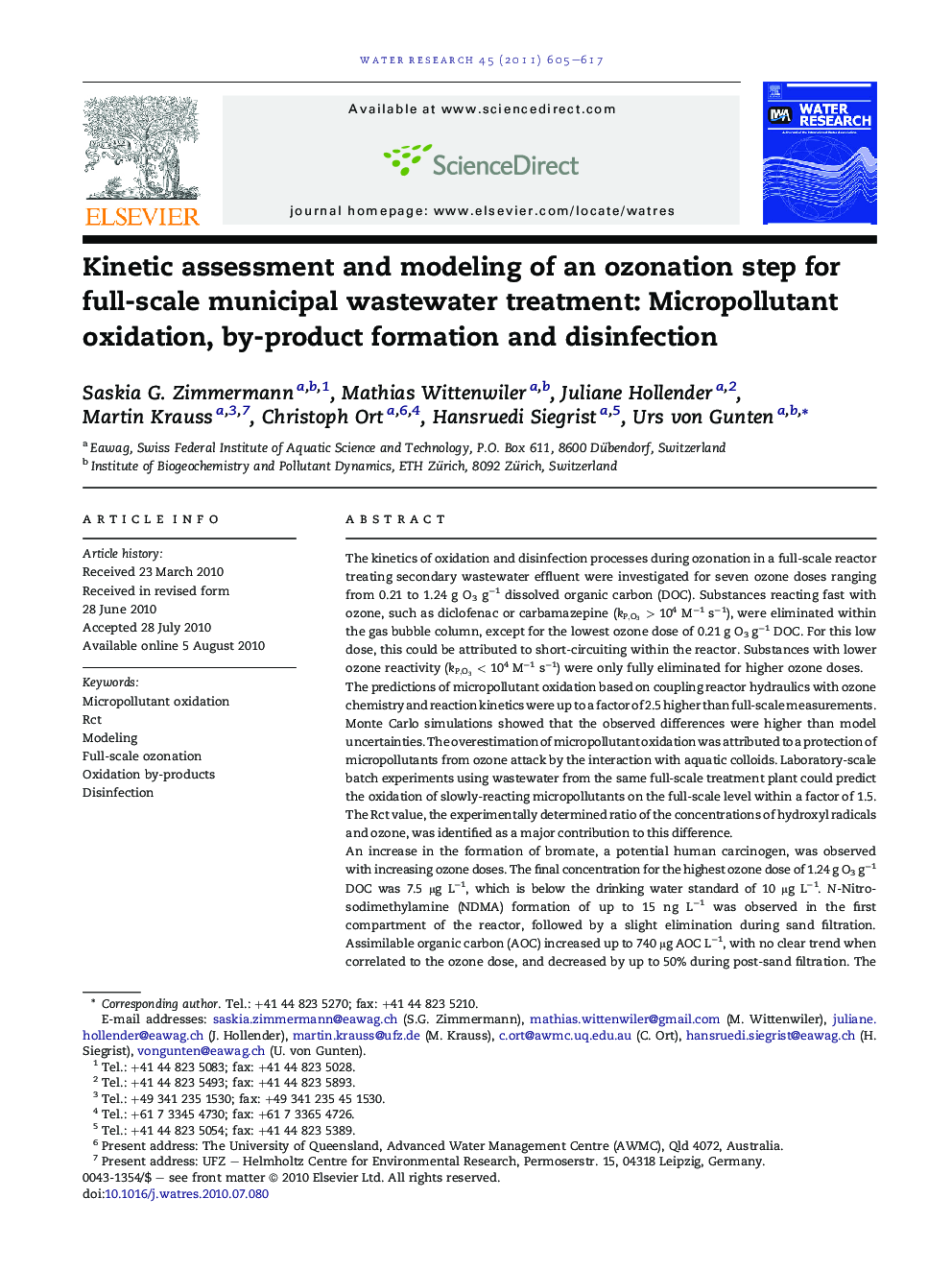 Kinetic assessment and modeling of an ozonation step for full-scale municipal wastewater treatment: Micropollutant oxidation, by-product formation and disinfection