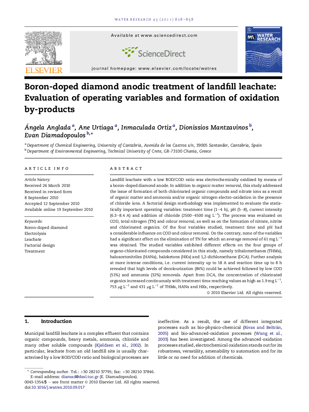 Boron-doped diamond anodic treatment of landfill leachate: Evaluation of operating variables and formation of oxidation by-products