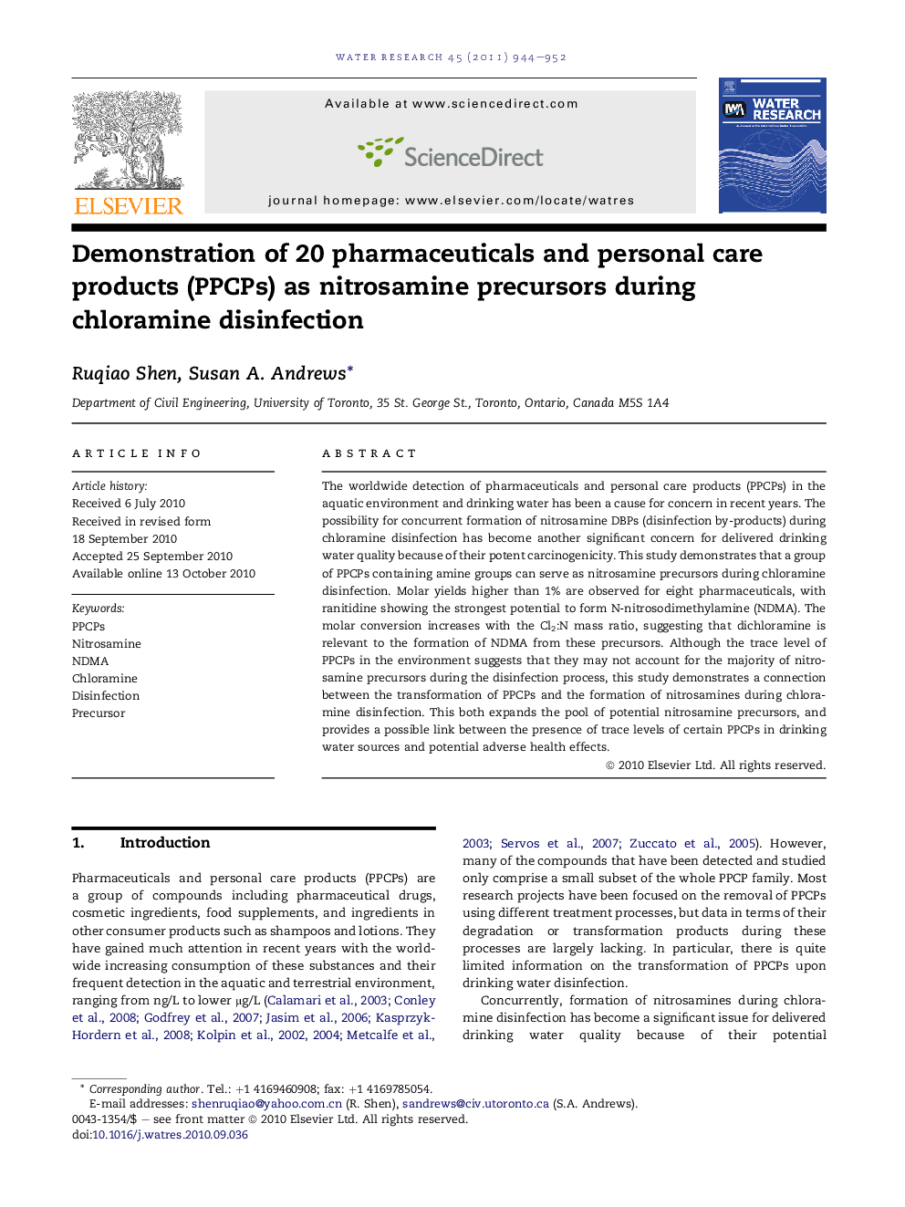 Demonstration of 20 pharmaceuticals and personal care products (PPCPs) as nitrosamine precursors during chloramine disinfection