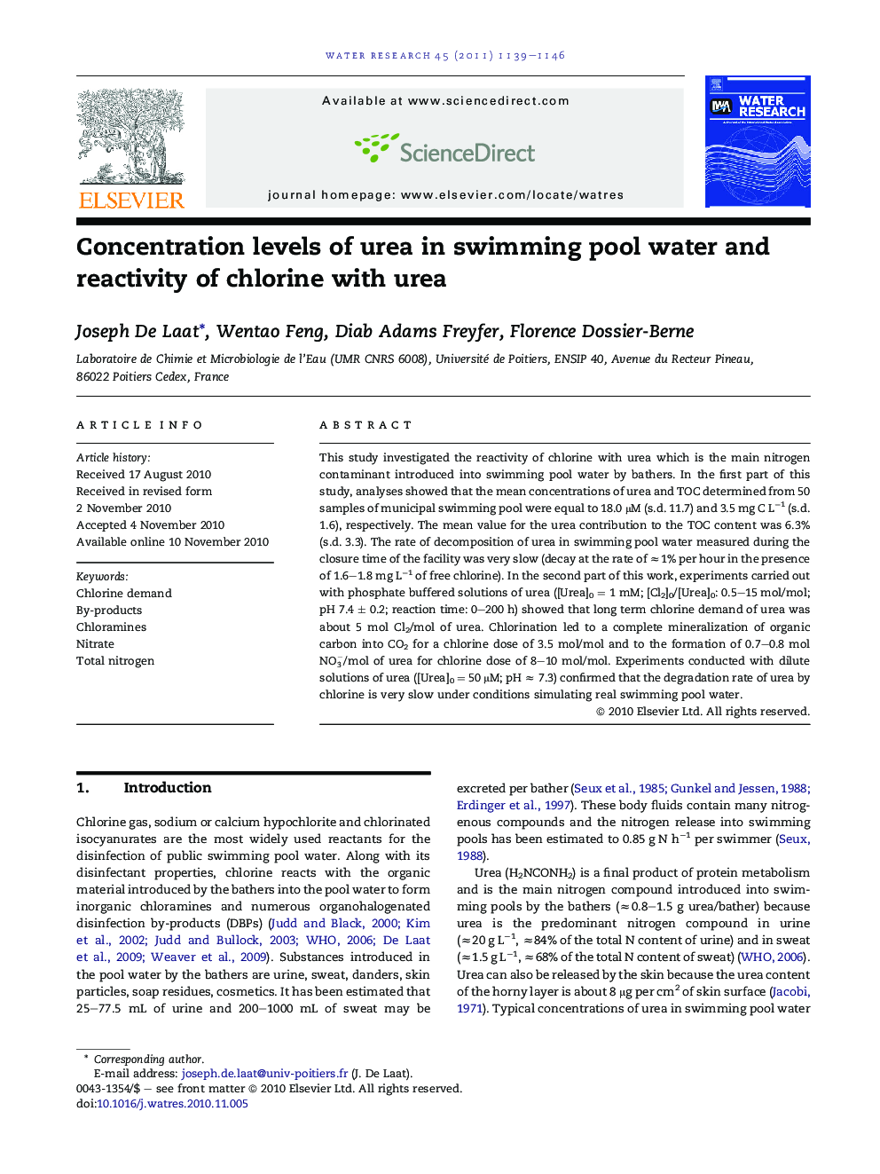 Concentration levels of urea in swimming pool water and reactivity of chlorine with urea