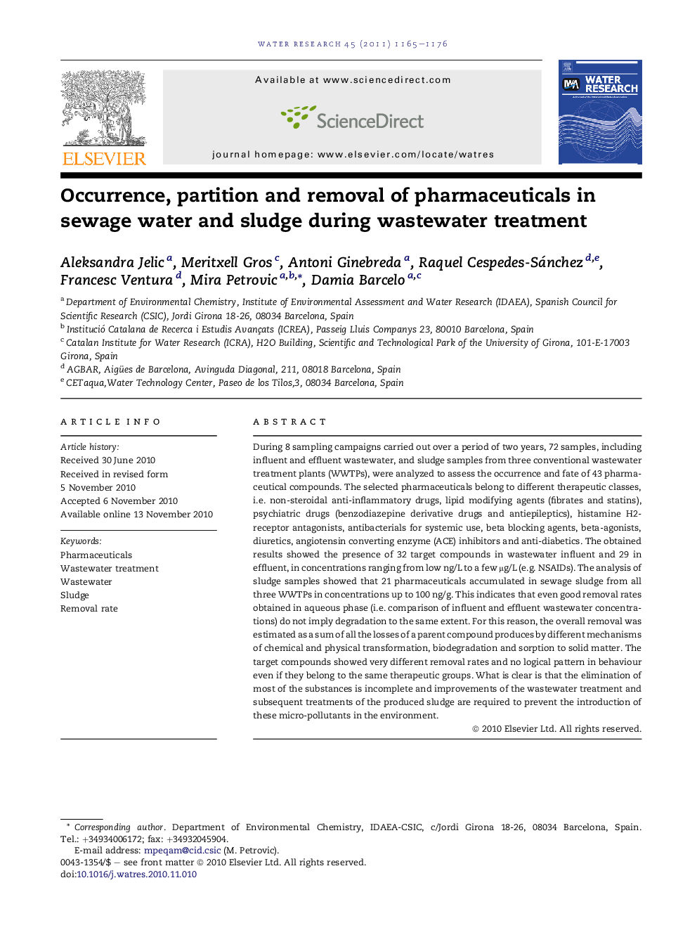 Occurrence, partition and removal of pharmaceuticals in sewage water and sludge during wastewater treatment