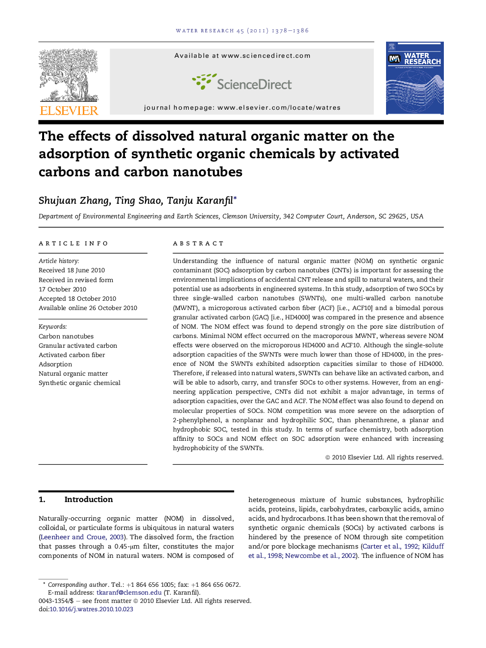 The effects of dissolved natural organic matter on the adsorption of synthetic organic chemicals by activated carbons and carbon nanotubes