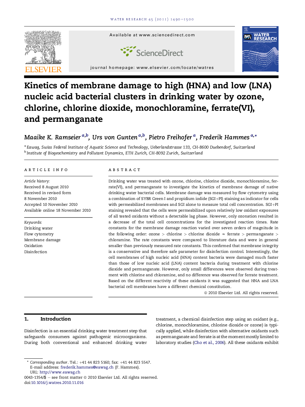 Kinetics of membrane damage to high (HNA) and low (LNA) nucleic acid bacterial clusters in drinking water by ozone, chlorine, chlorine dioxide, monochloramine, ferrate(VI), and permanganate