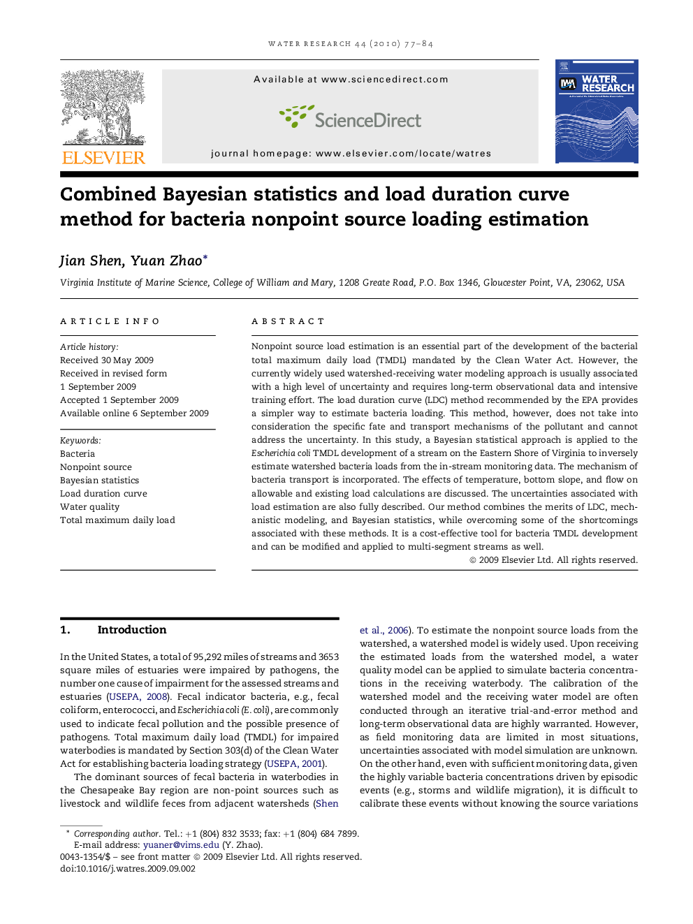 Combined Bayesian statistics and load duration curve method for bacteria nonpoint source loading estimation