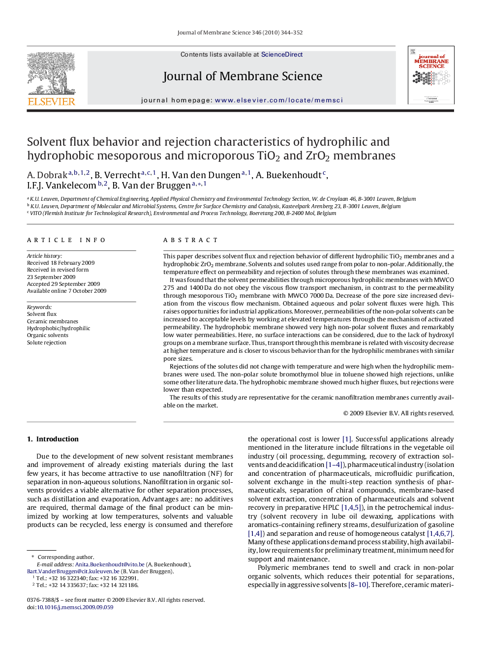 Solvent flux behavior and rejection characteristics of hydrophilic and hydrophobic mesoporous and microporous TiO2 and ZrO2 membranes