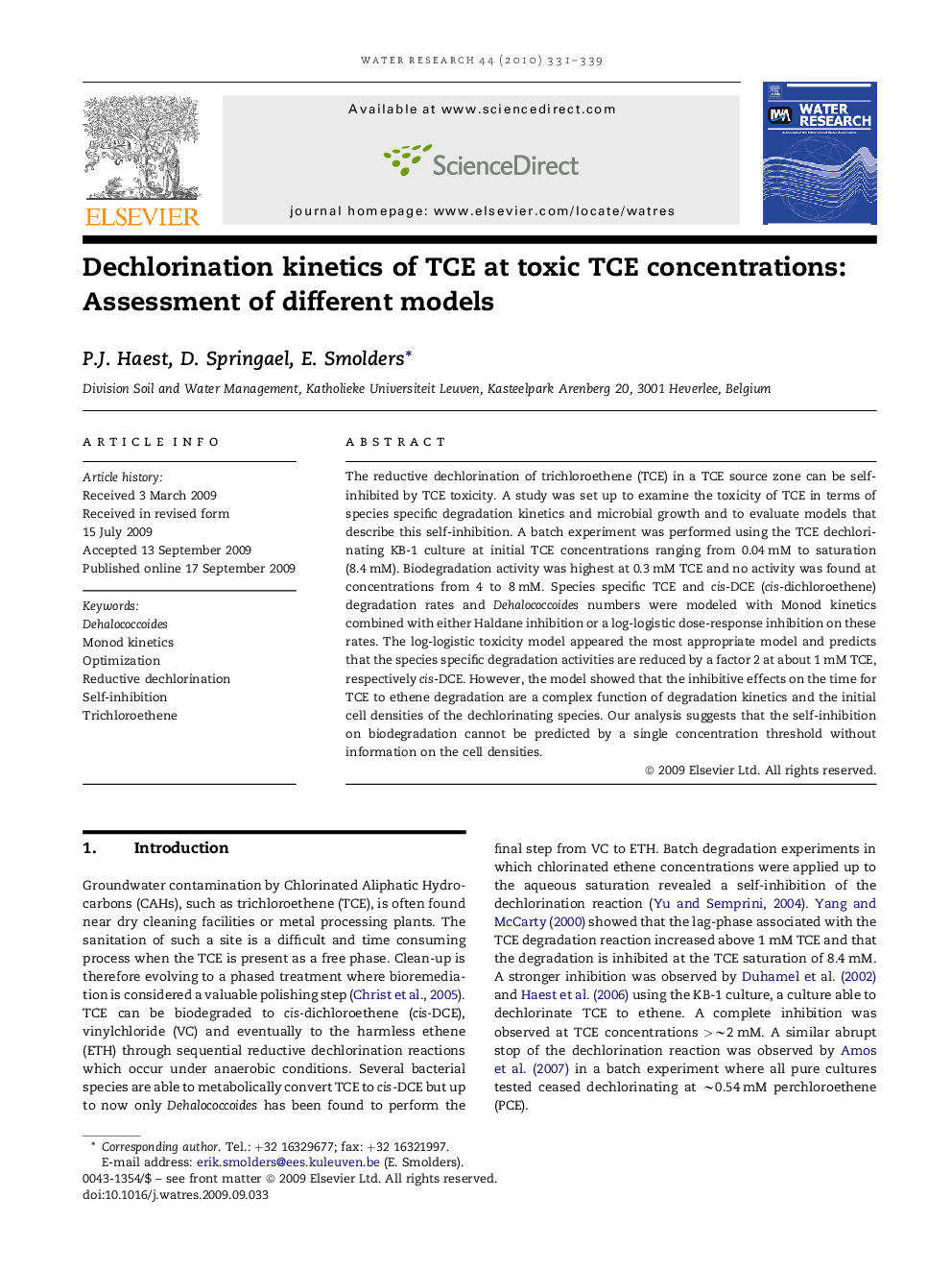 Dechlorination kinetics of TCE at toxic TCE concentrations: Assessment of different models