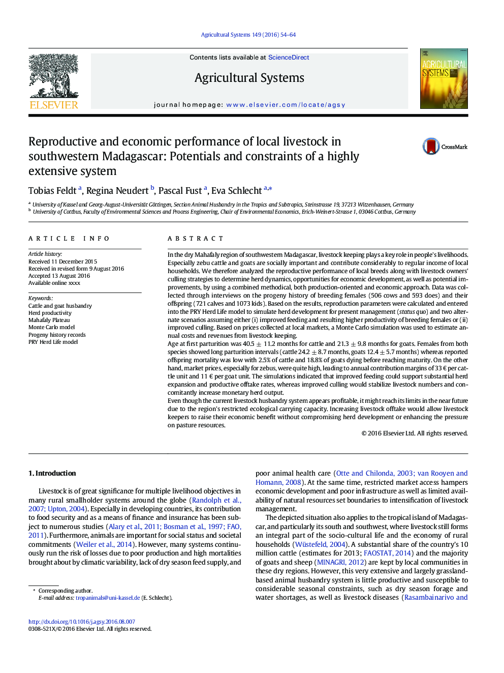 Reproductive and economic performance of local livestock in southwestern Madagascar: Potentials and constraints of a highly extensive system