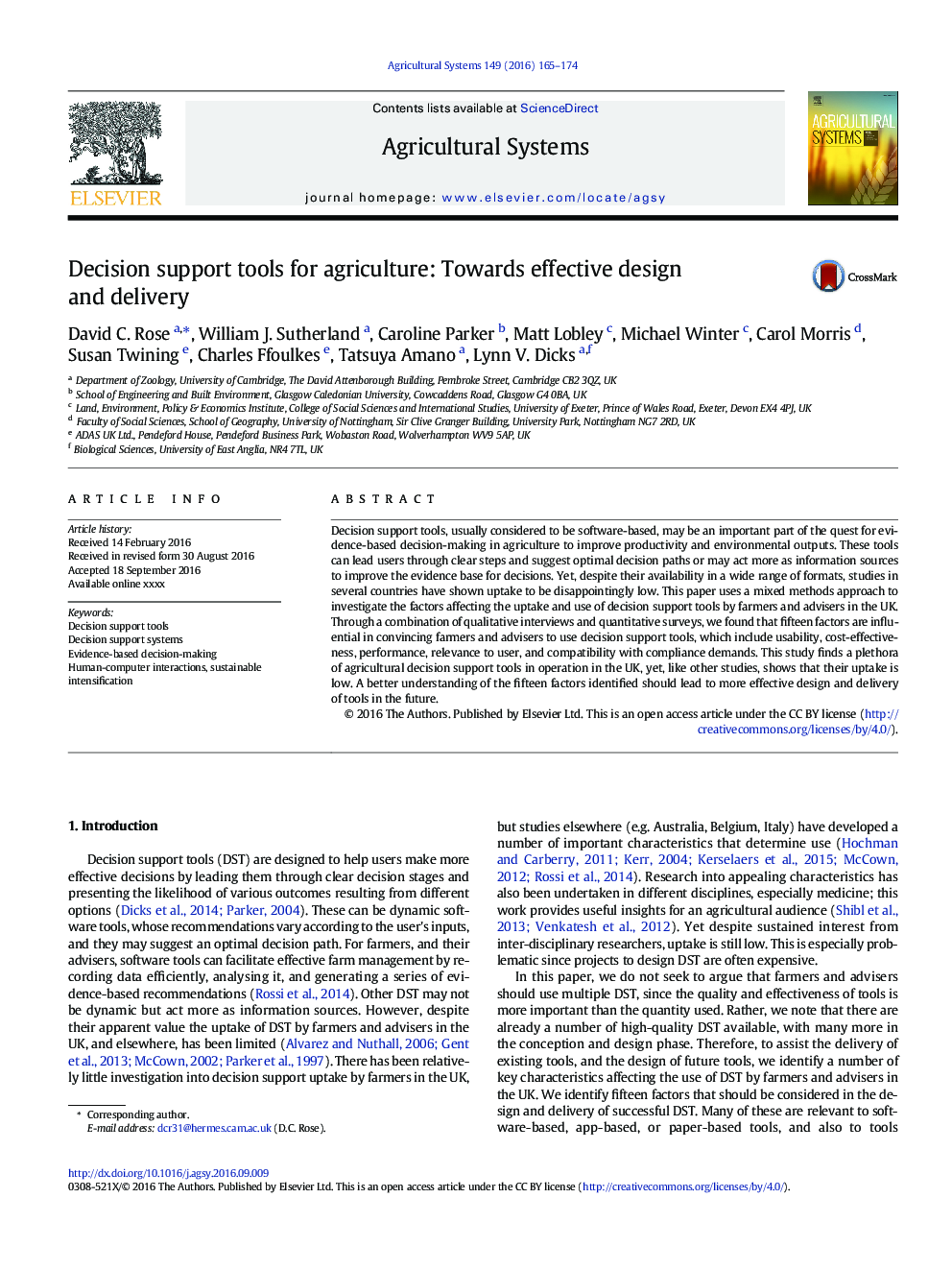 Decision support tools for agriculture: Towards effective design and delivery