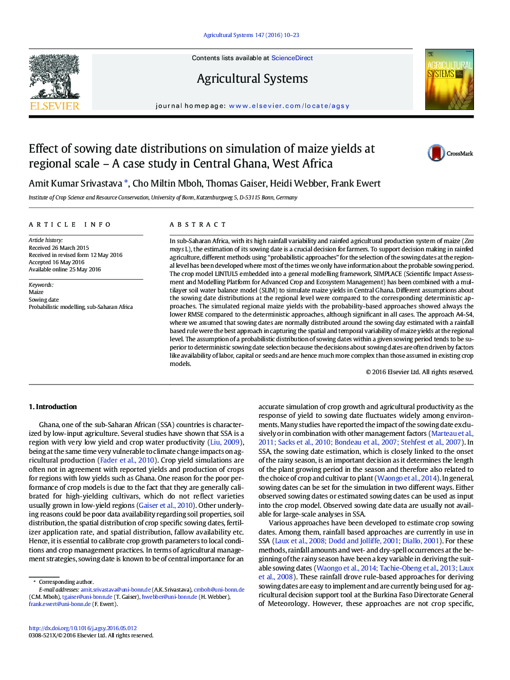 Effect of sowing date distributions on simulation of maize yields at regional scale - A case study in Central Ghana, West Africa