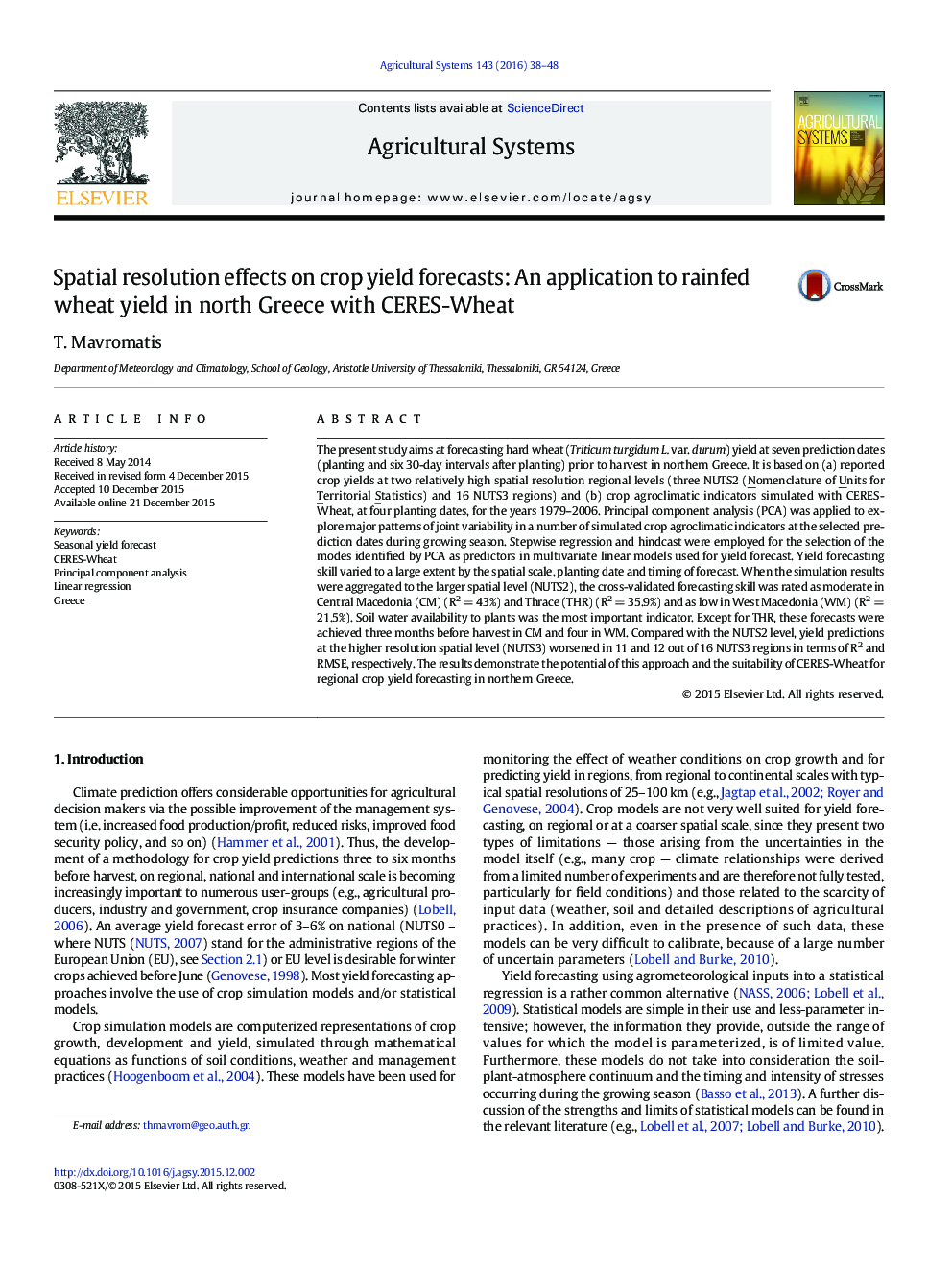 Spatial resolution effects on crop yield forecasts: An application to rainfed wheat yield in north Greece with CERES-Wheat