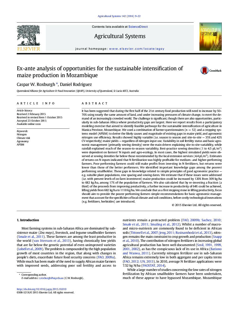 Ex-ante analysis of opportunities for the sustainable intensification of maize production in Mozambique