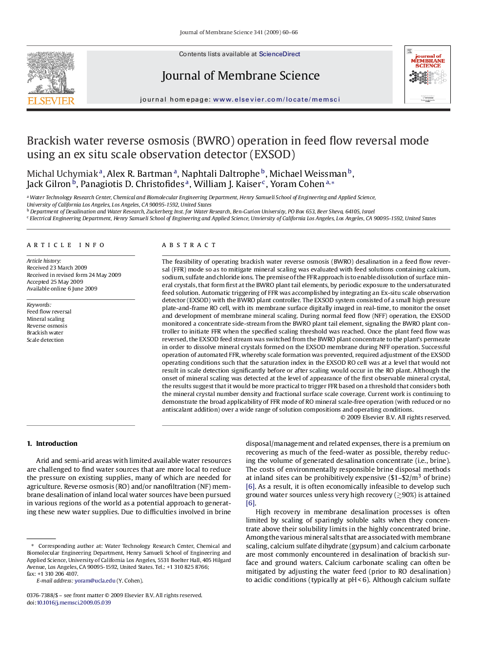 Brackish water reverse osmosis (BWRO) operation in feed flow reversal mode using an ex situ scale observation detector (EXSOD)