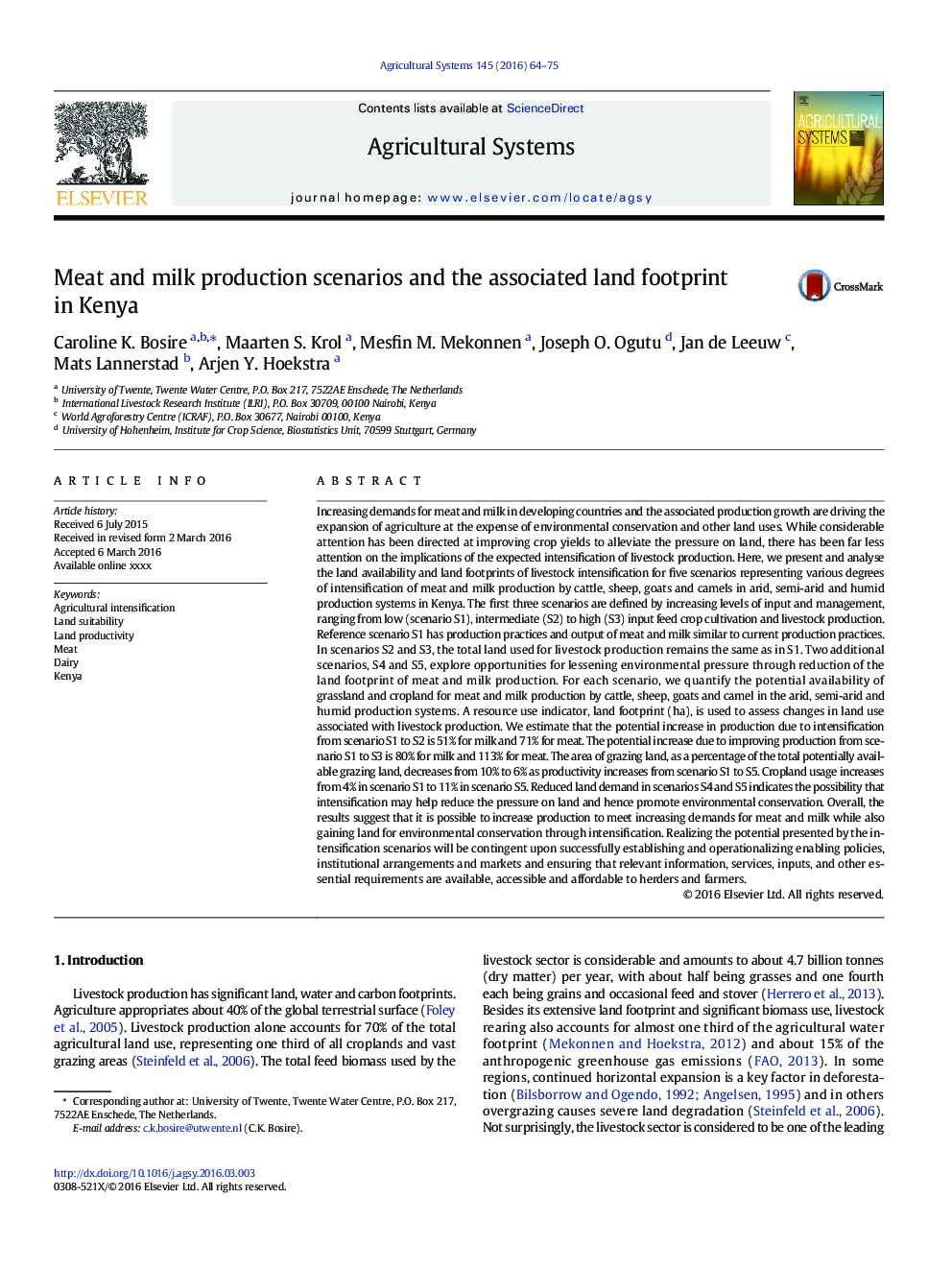 Meat and milk production scenarios and the associated land footprint in Kenya