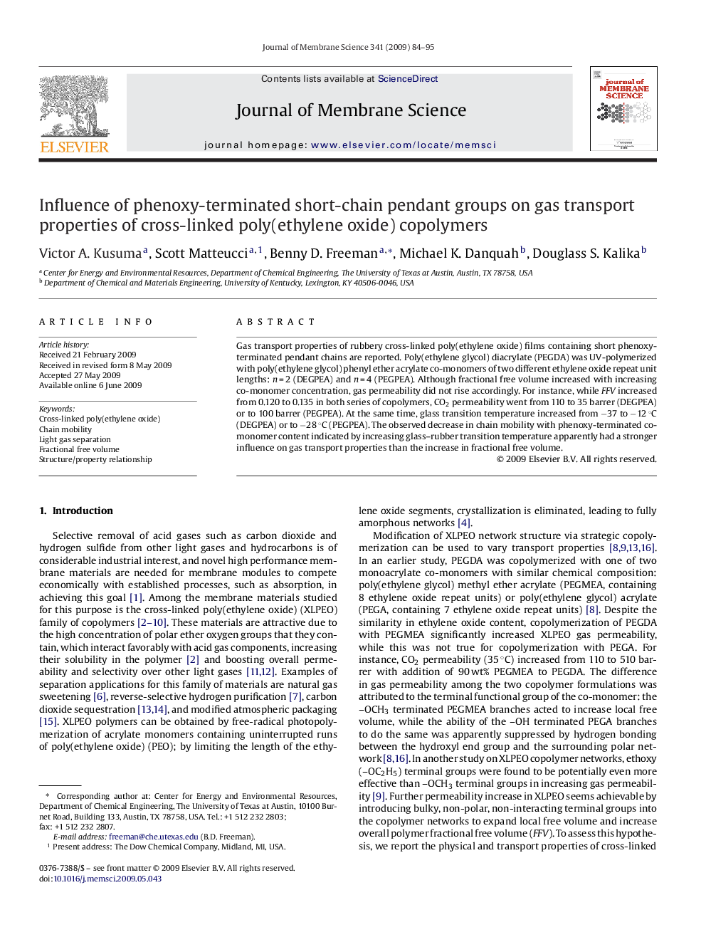 Influence of phenoxy-terminated short-chain pendant groups on gas transport properties of cross-linked poly(ethylene oxide) copolymers