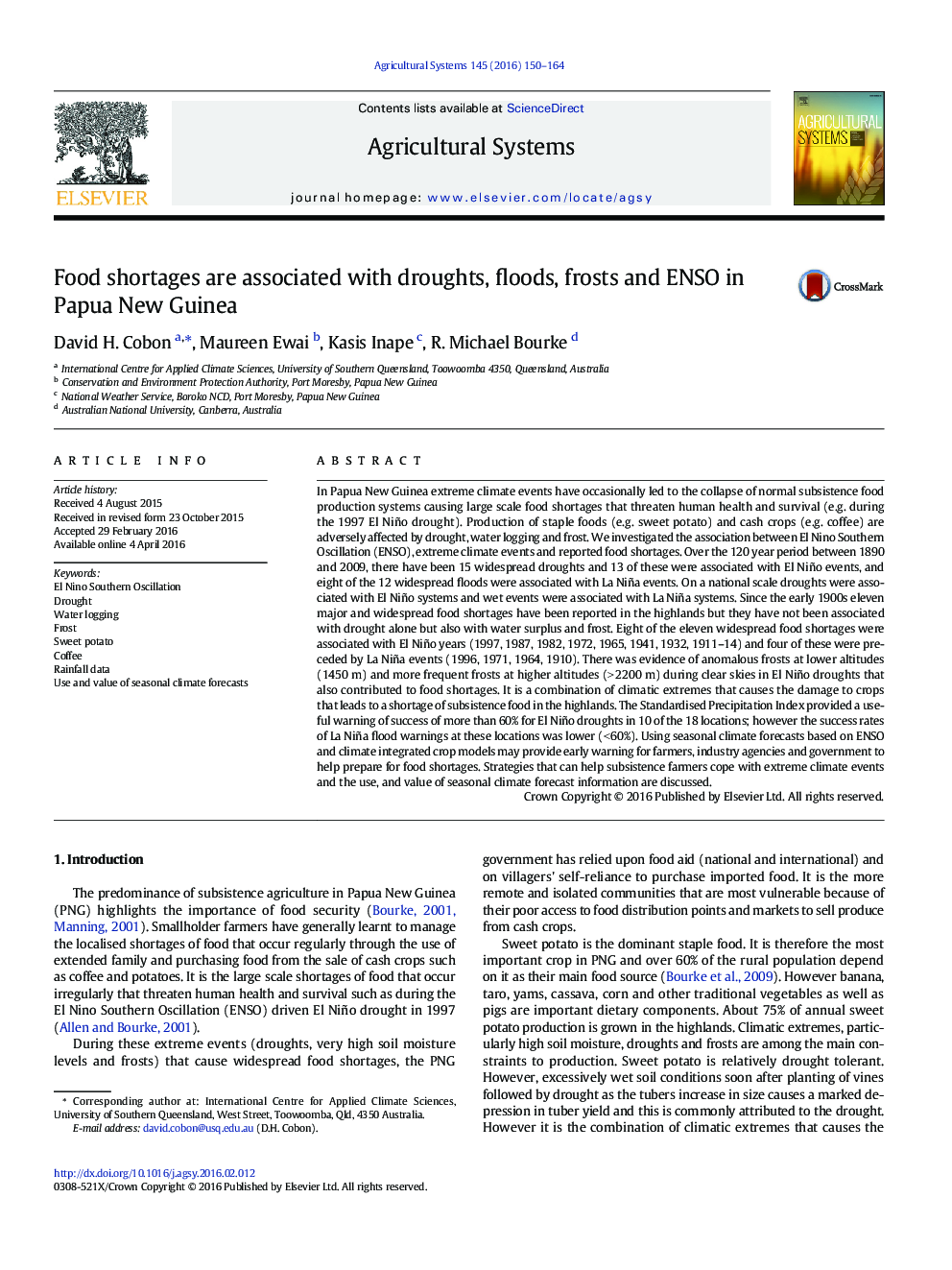 Food shortages are associated with droughts, floods, frosts and ENSO in Papua New Guinea