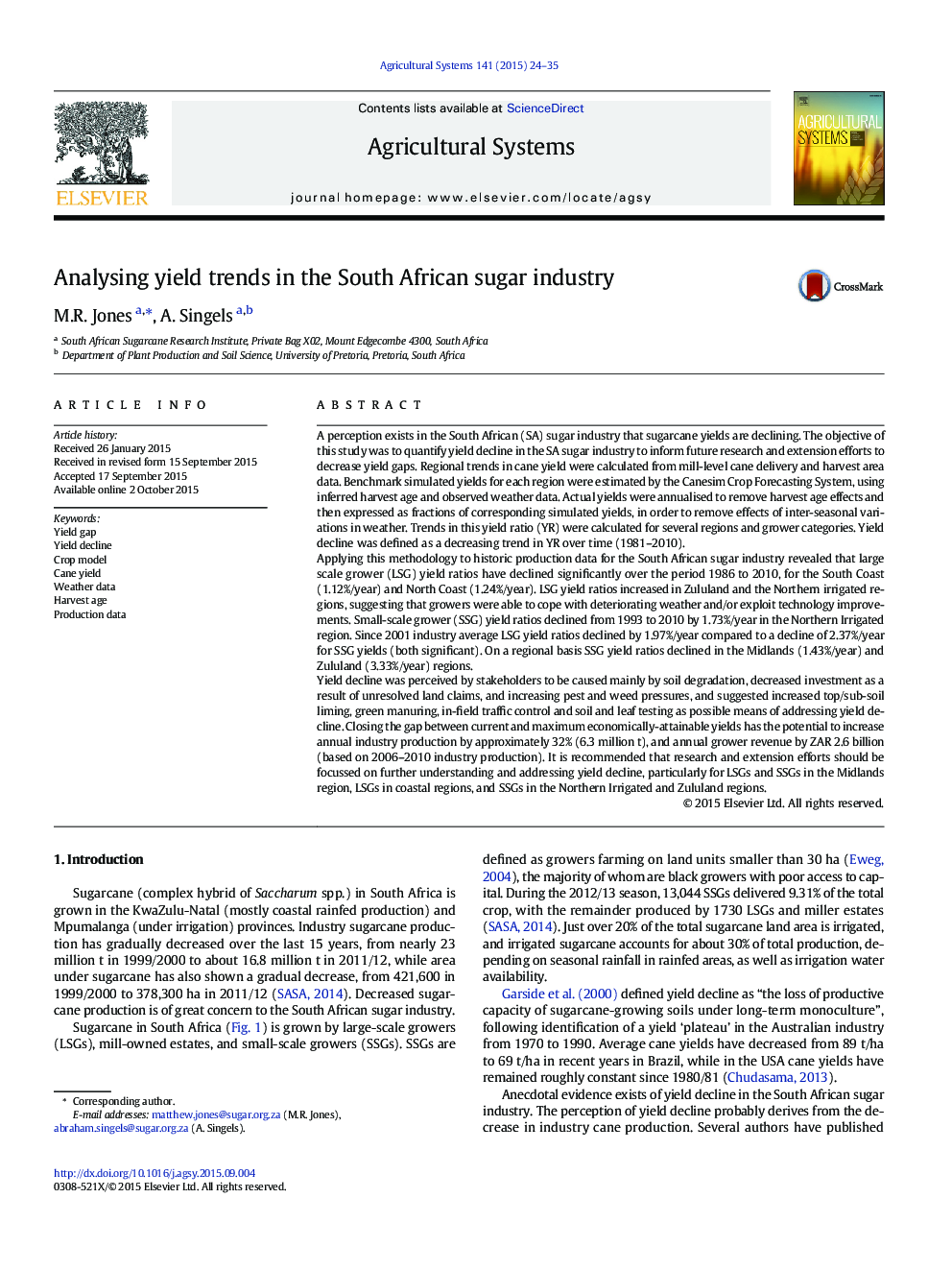 Analysing yield trends in the South African sugar industry