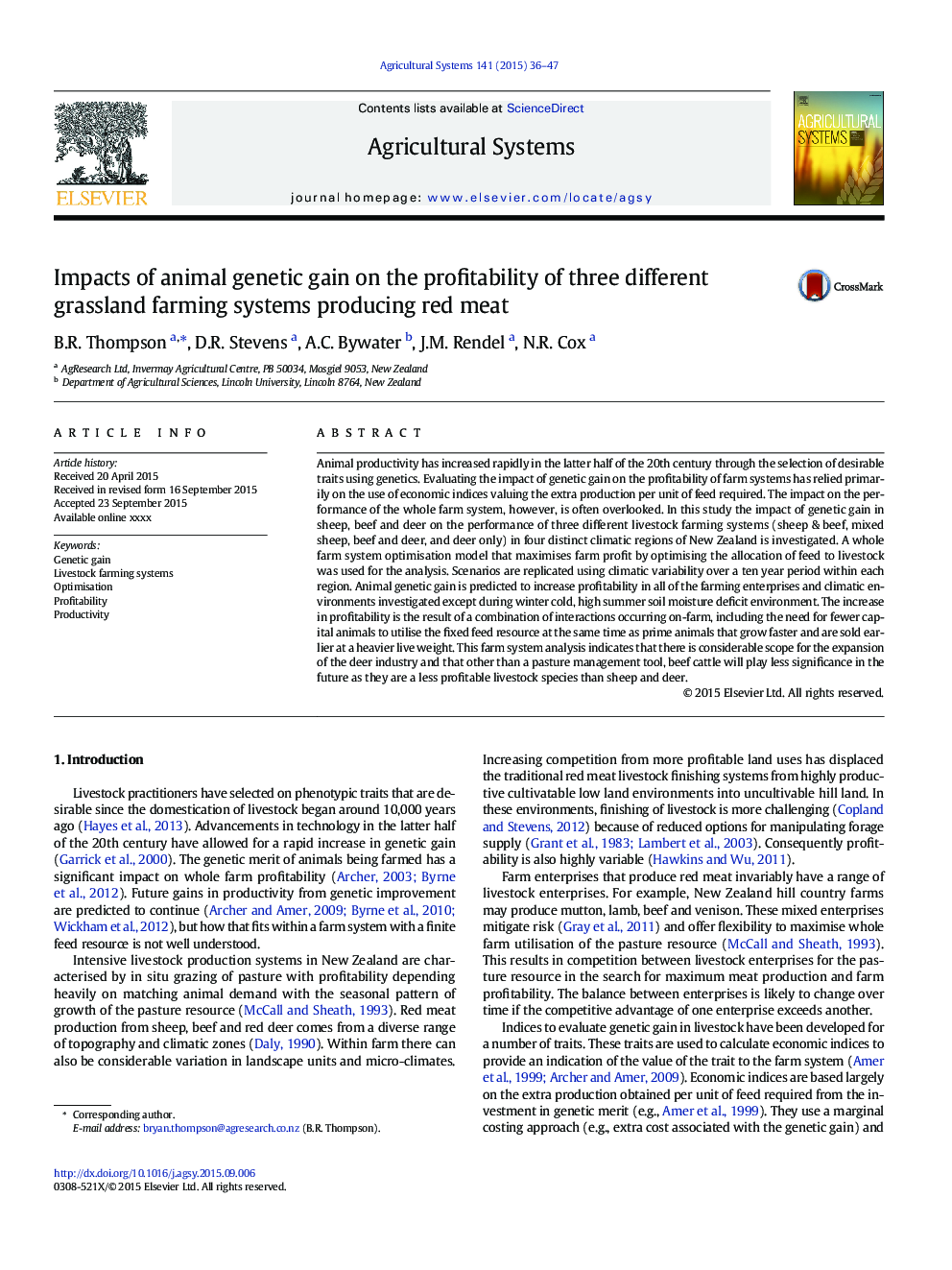 Impacts of animal genetic gain on the profitability of three different grassland farming systems producing red meat