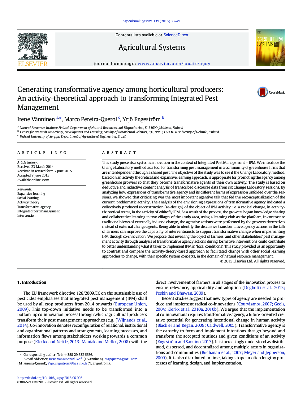 Generating transformative agency among horticultural producers: An activity-theoretical approach to transforming Integrated Pest Management