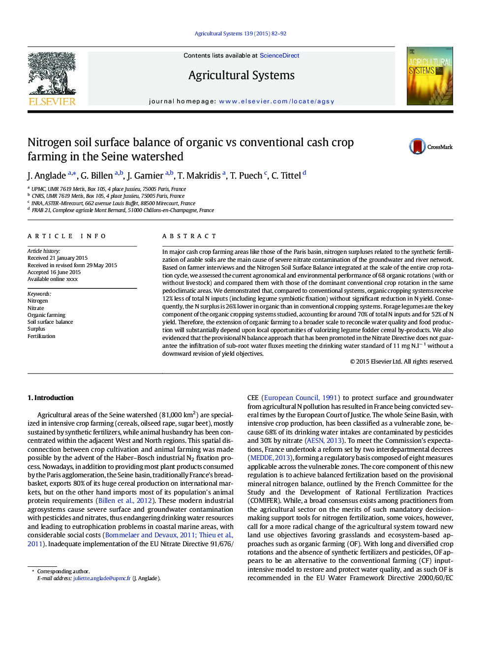 Nitrogen soil surface balance of organic vs conventional cash crop farming in the Seine watershed