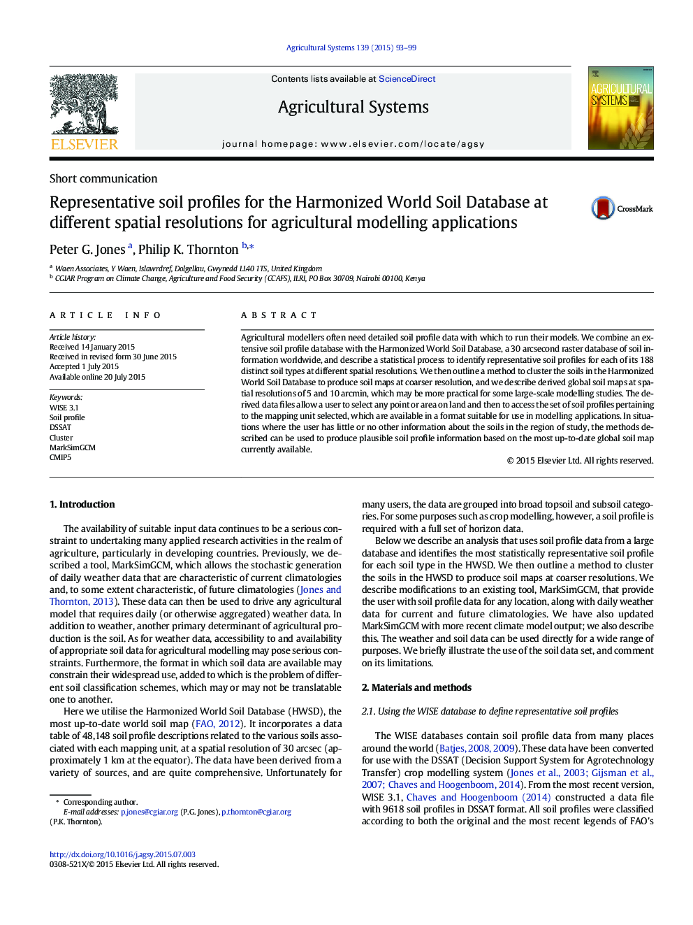 Short communicationRepresentative soil profiles for the Harmonized World Soil Database at different spatial resolutions for agricultural modelling applications