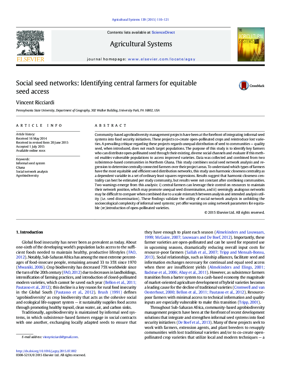 Social seed networks: Identifying central farmers for equitable seed access