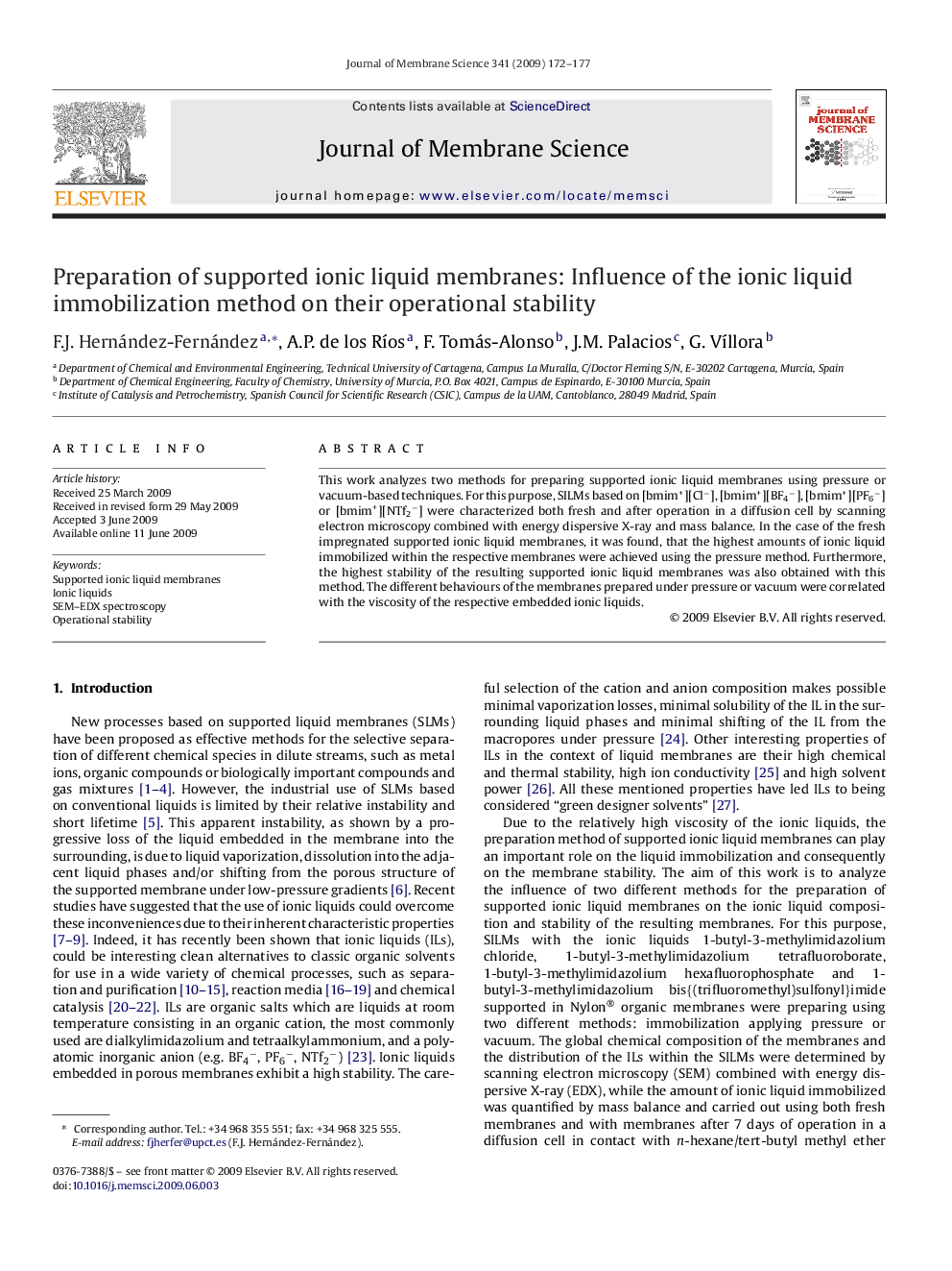 Preparation of supported ionic liquid membranes: Influence of the ionic liquid immobilization method on their operational stability