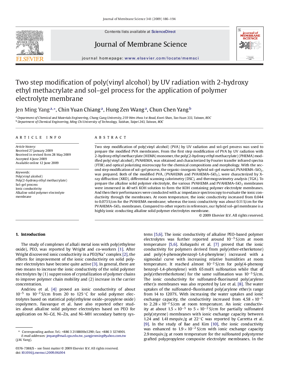 Two step modification of poly(vinyl alcohol) by UV radiation with 2-hydroxy ethyl methacrylate and sol–gel process for the application of polymer electrolyte membrane