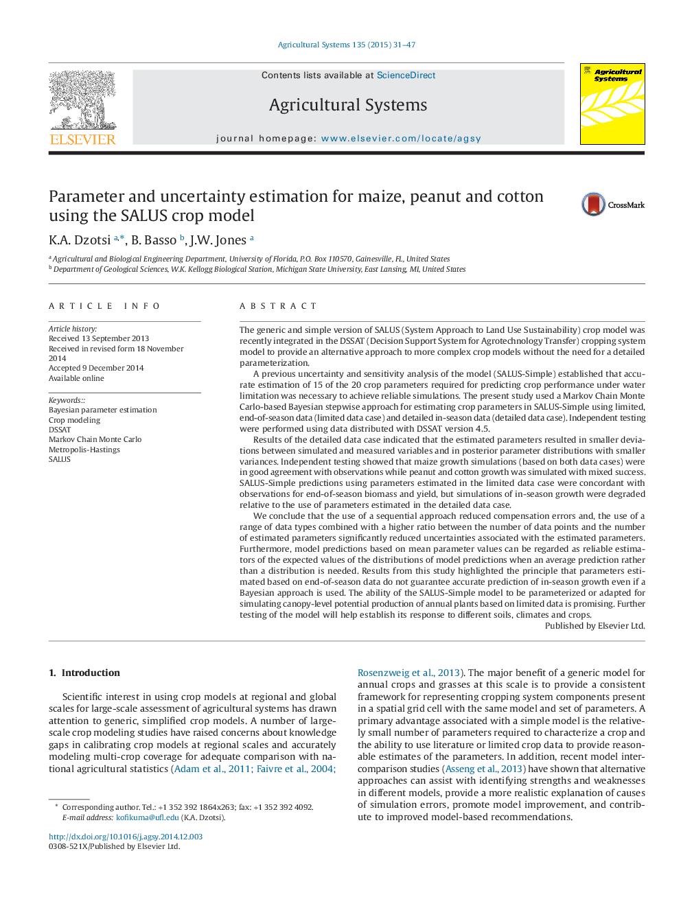 Parameter and uncertainty estimation for maize, peanut and cotton using the SALUS crop model