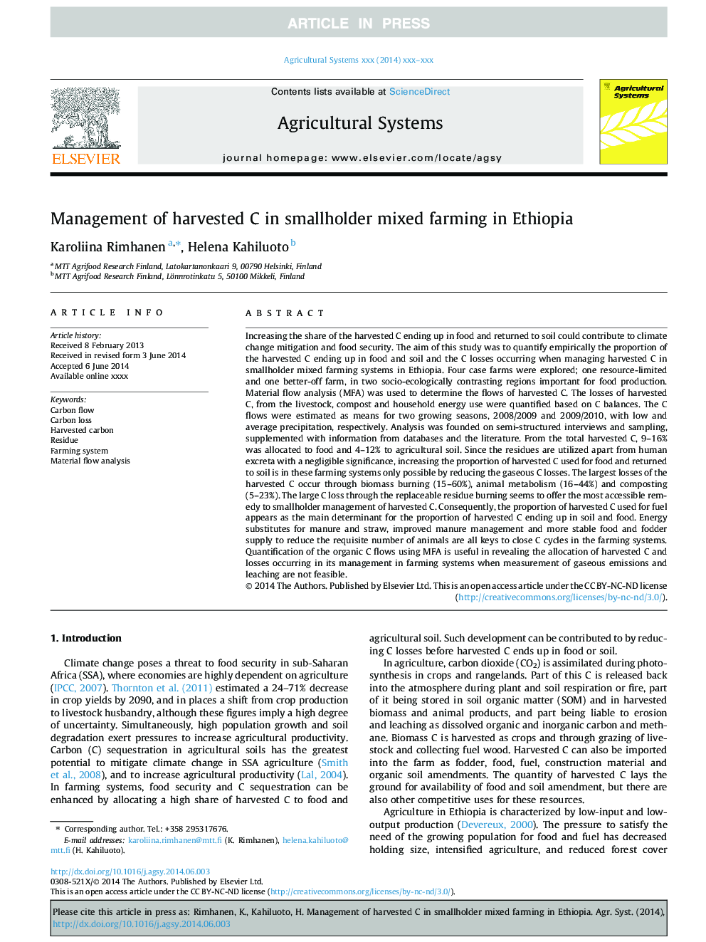 Management of harvested C in smallholder mixed farming in Ethiopia