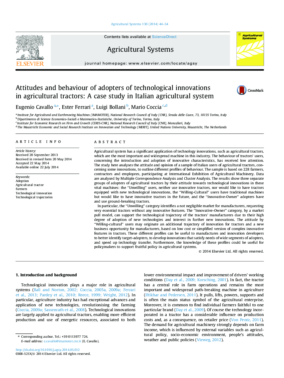 Attitudes and behaviour of adopters of technological innovations in agricultural tractors: A case study in Italian agricultural system