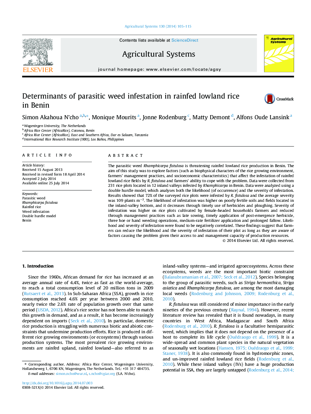 Determinants of parasitic weed infestation in rainfed lowland rice in Benin