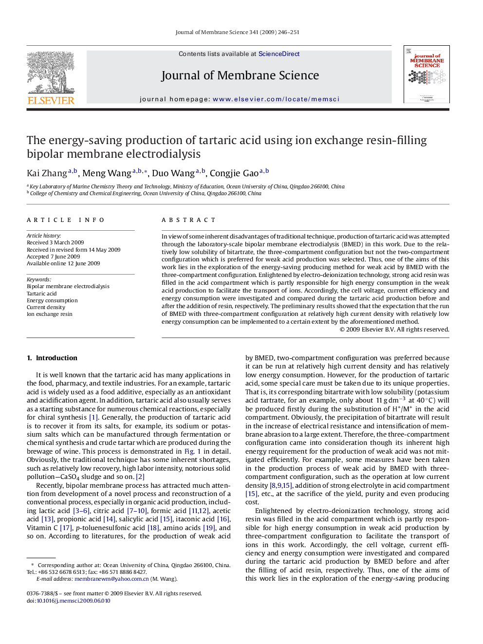 The energy-saving production of tartaric acid using ion exchange resin-filling bipolar membrane electrodialysis