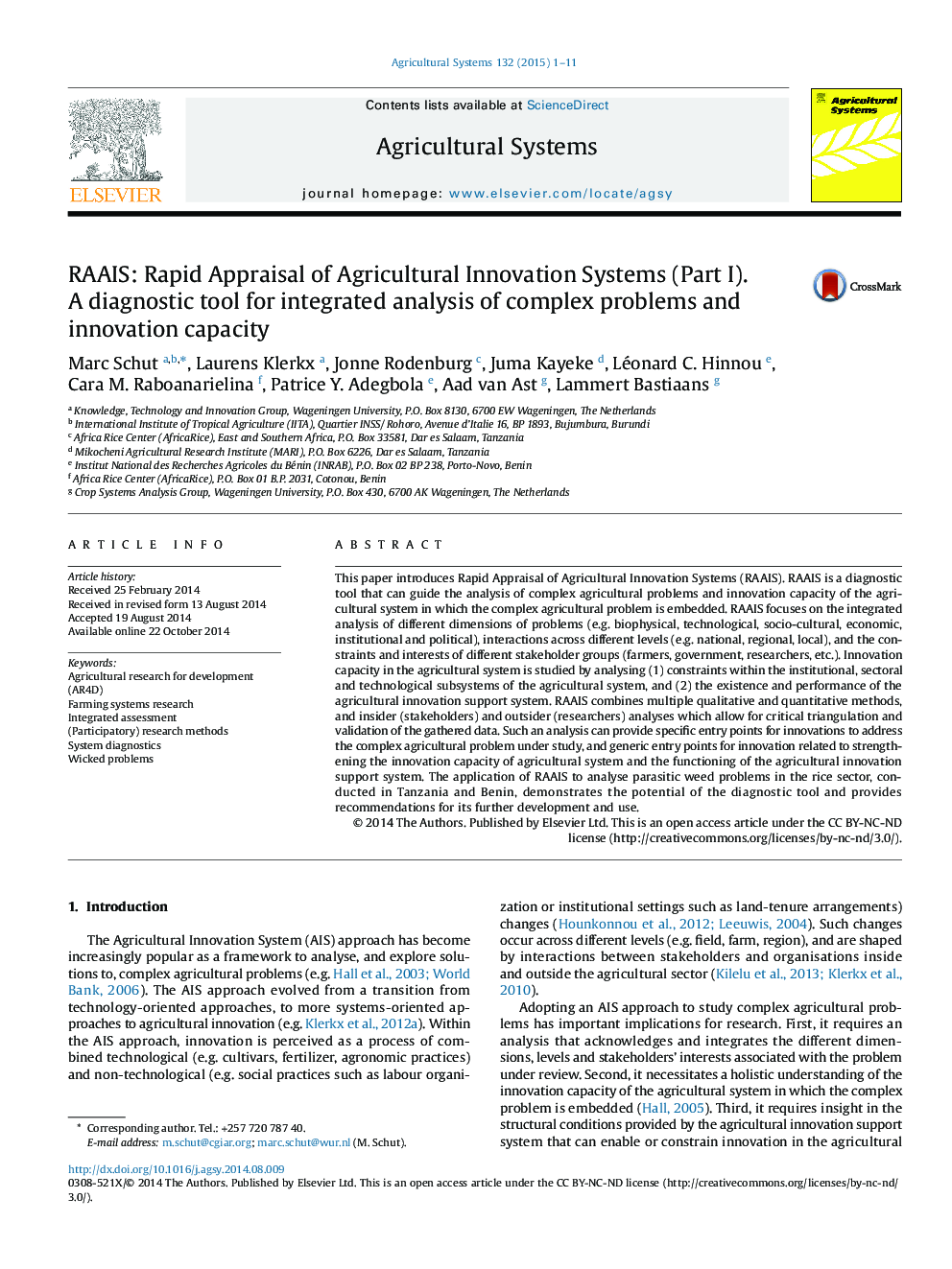 عکس صفحه اول مقاله: RAAIS: Rapid Appraisal of Agricultural Innovation Systems (Part I). A diagnostic tool for integrated analysis of complex problems and innovation capacity RAAIS: Rapid Appraisal of Agricultural Innovation Systems (Part I). A diagnostic tool for integrated analysis of complex problems and innovation capacity