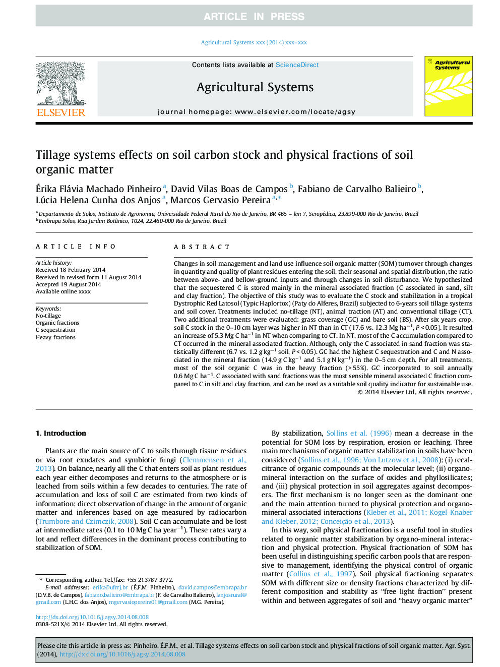 Tillage systems effects on soil carbon stock and physical fractions of soil organic matter