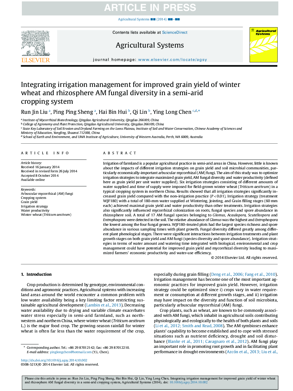 Integrating irrigation management for improved grain yield of winter wheat and rhizosphere AM fungal diversity in a semi-arid cropping system