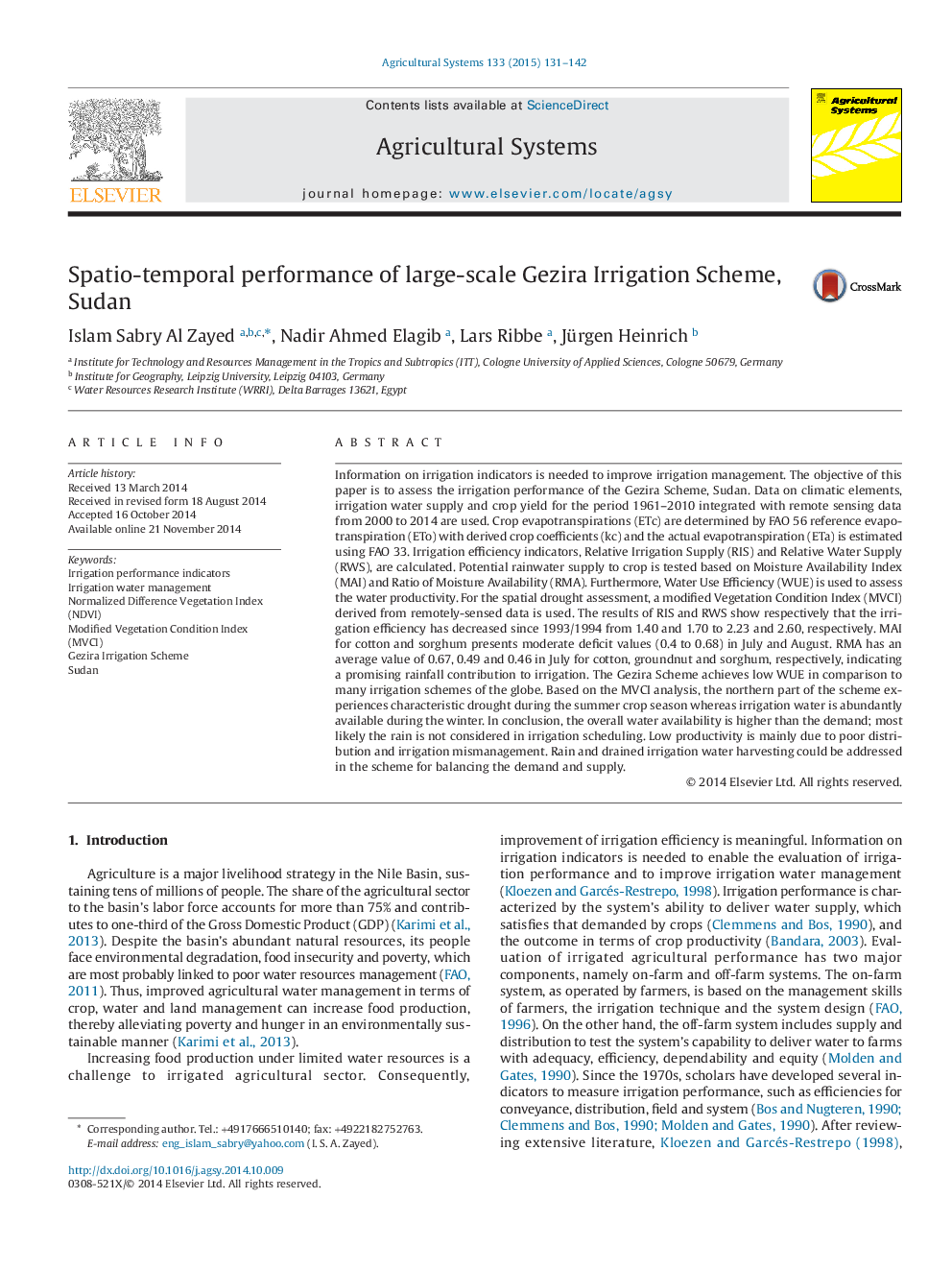 Spatio-temporal performance of large-scale Gezira Irrigation Scheme, Sudan