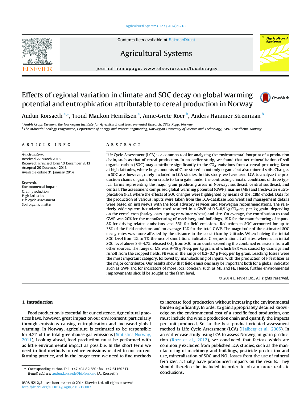 Effects of regional variation in climate and SOC decay on global warming potential and eutrophication attributable to cereal production in Norway