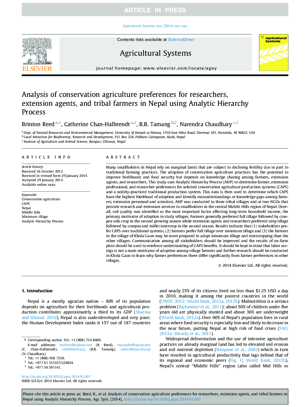 تجزیه و تحلیل ترجیحات کشاورزی حفاظت برای محققان، عوامل توسعه و کشاورزان قبیله ای در نپال با استفاده از روند سلسله مراتبی تحلیلی 