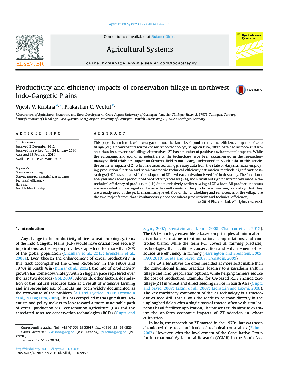 Productivity and efficiency impacts of conservation tillage in northwest Indo-Gangetic Plains