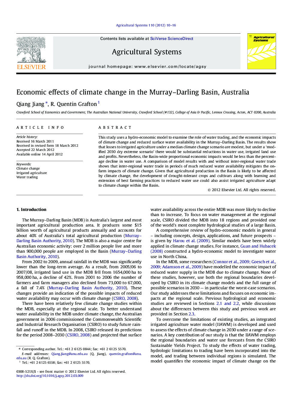 Economic effects of climate change in the Murray-Darling Basin, Australia