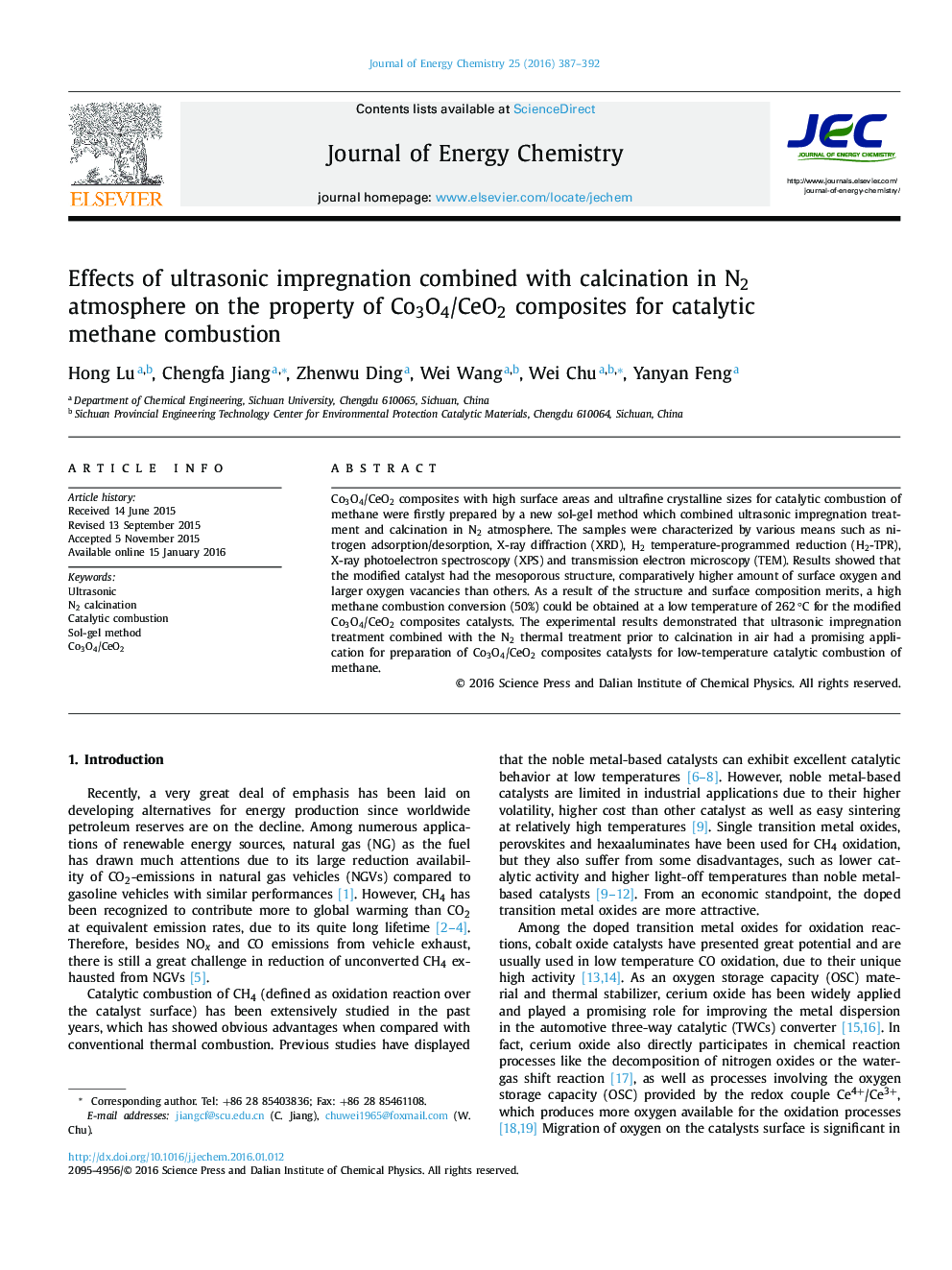 اثرات اشباع اولتراسونیک ترکیب شده با calcination در اتمسفر N2 بر ویژگی کامپوزیت های Co3O4/CeO2 برای احتراق متان کاتالیزوری