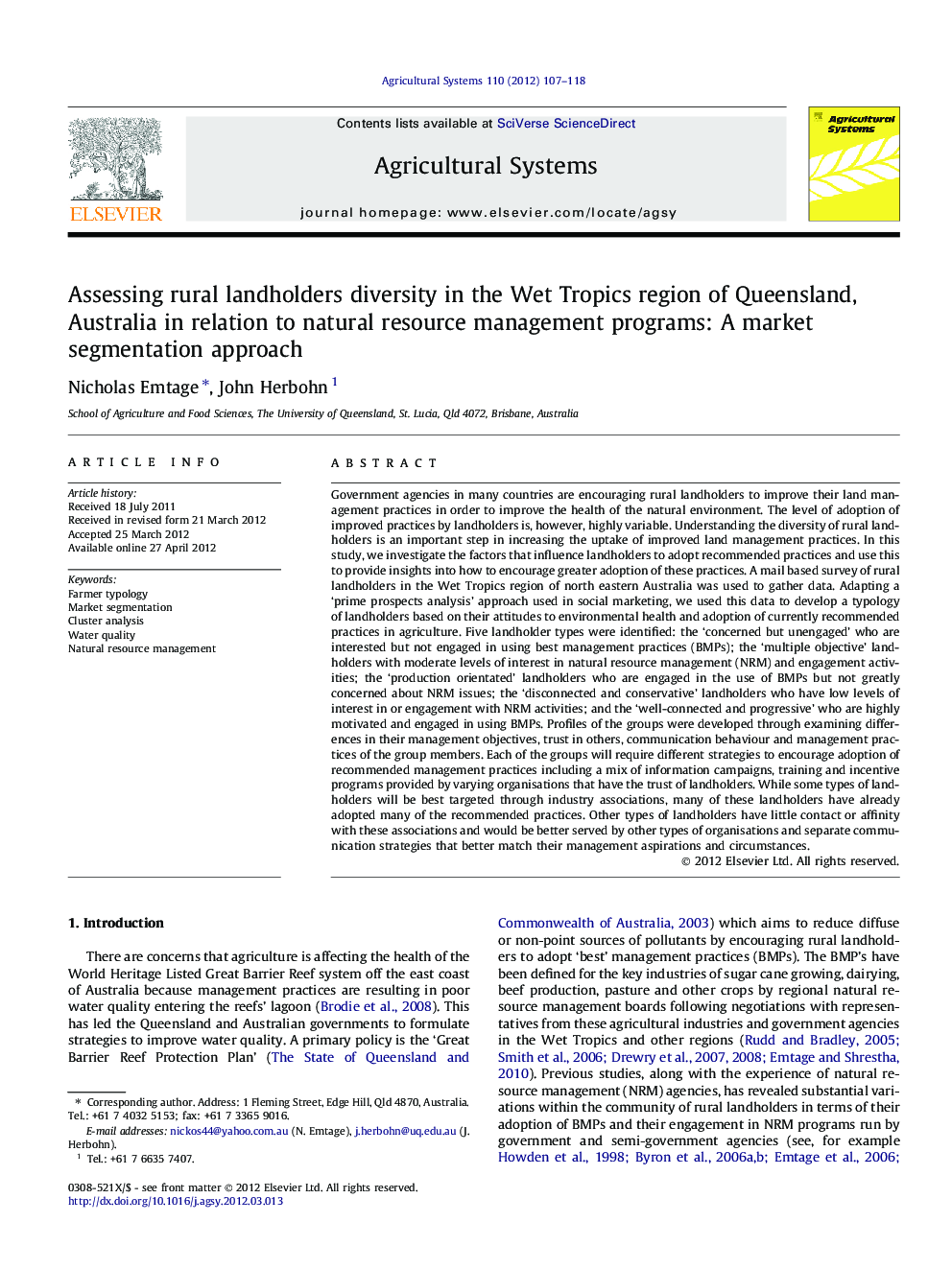 Assessing rural landholders diversity in the Wet Tropics region of Queensland, Australia in relation to natural resource management programs: A market segmentation approach