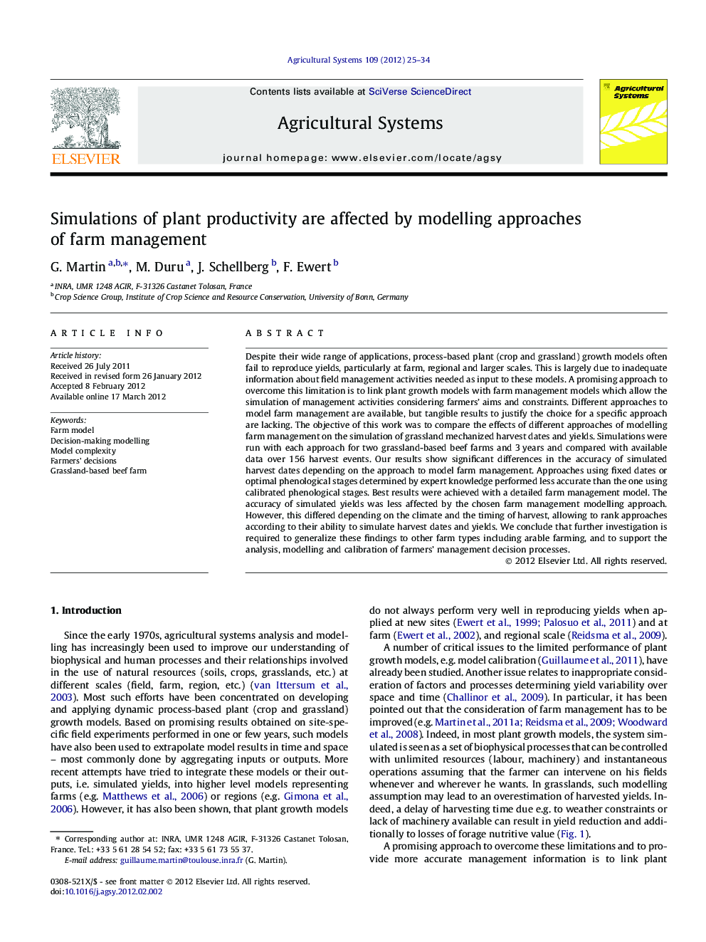 Simulations of plant productivity are affected by modelling approaches of farm management