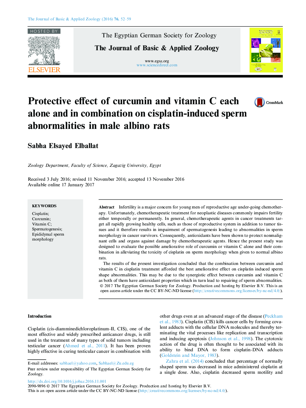 Protective effect of curcumin and vitamin C each alone and in combination on cisplatin-induced sperm abnormalities in male albino rats