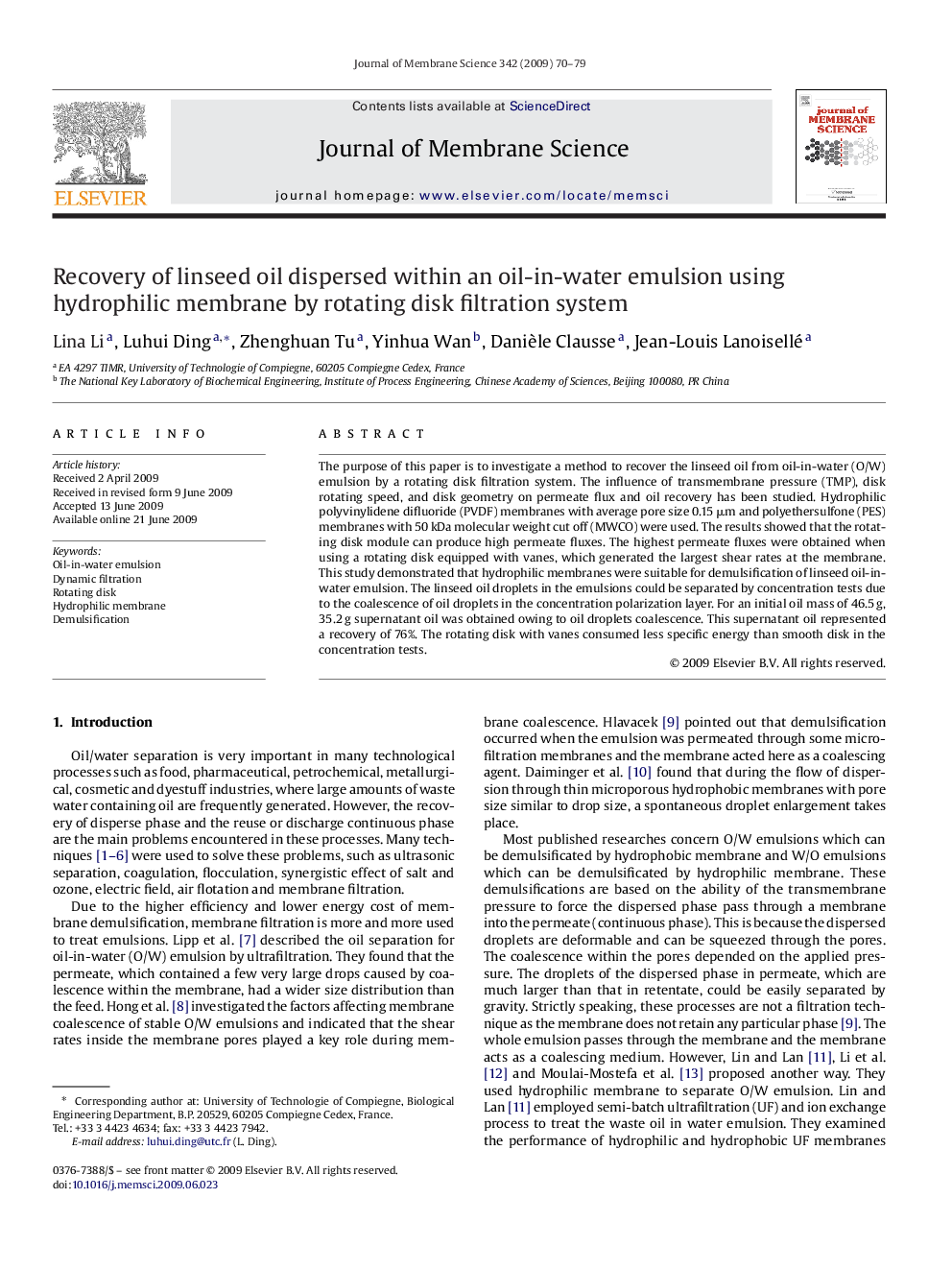 Recovery of linseed oil dispersed within an oil-in-water emulsion using hydrophilic membrane by rotating disk filtration system