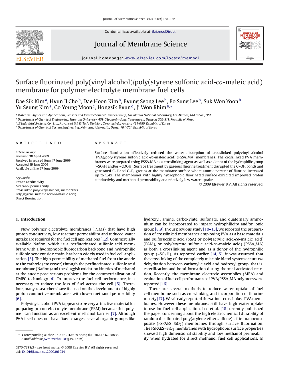 Surface fluorinated poly(vinyl alcohol)/poly(styrene sulfonic acid-co-maleic acid) membrane for polymer electrolyte membrane fuel cells