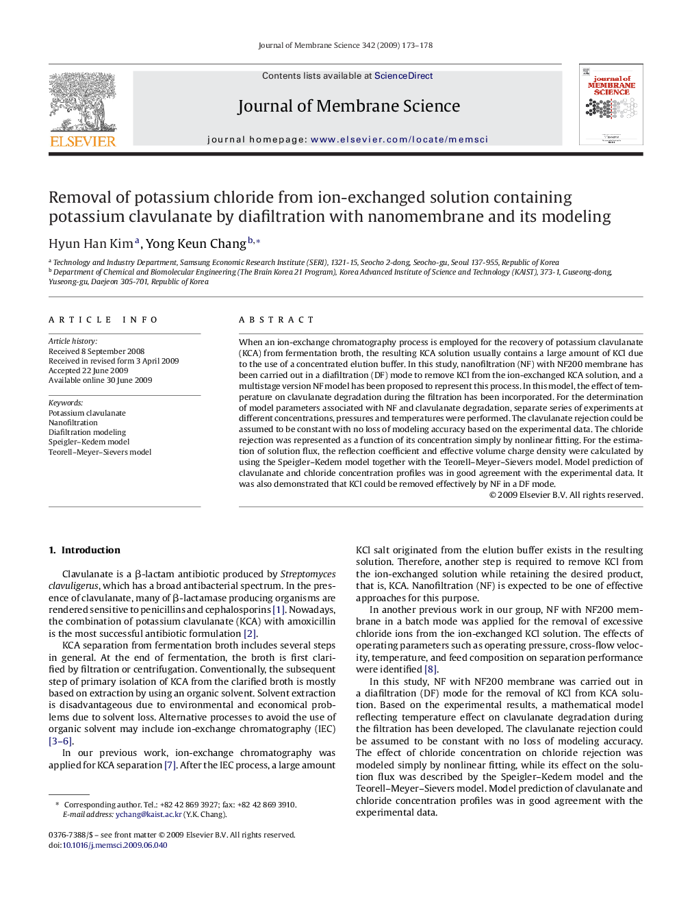 Removal of potassium chloride from ion-exchanged solution containing potassium clavulanate by diafiltration with nanomembrane and its modeling