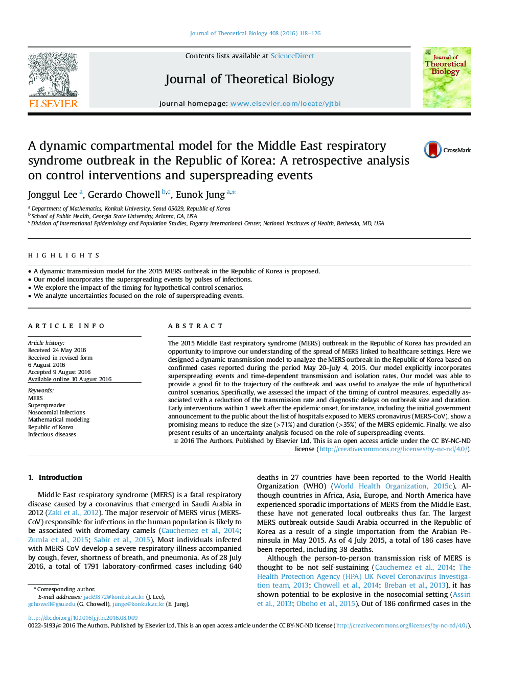 A dynamic compartmental model for the Middle East respiratory syndrome outbreak in the Republic of Korea: A retrospective analysis on control interventions and superspreading events