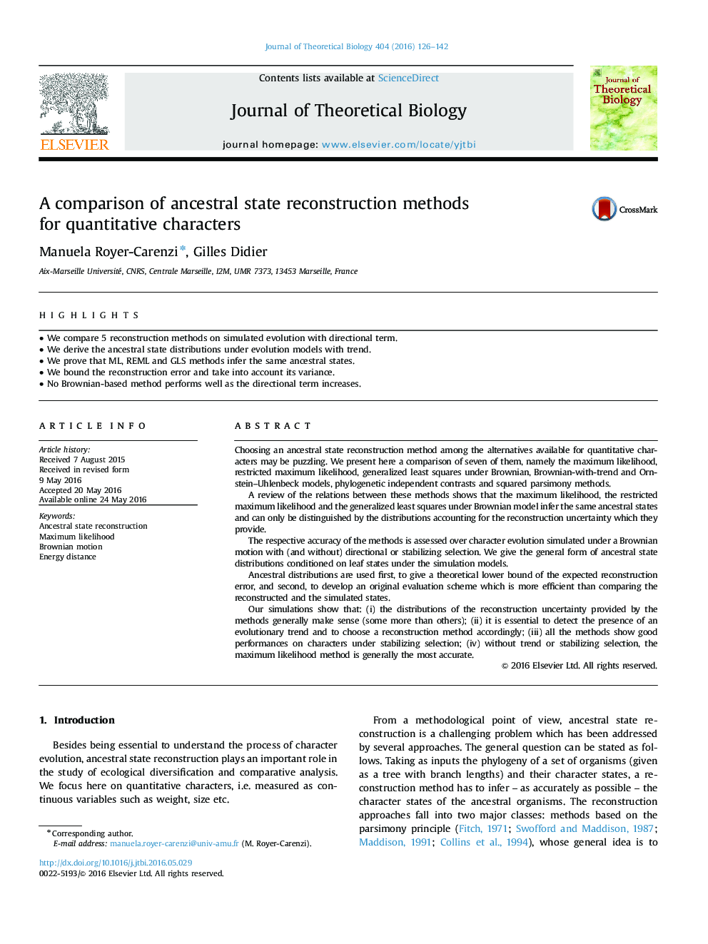 A comparison of ancestral state reconstruction methods for quantitative characters